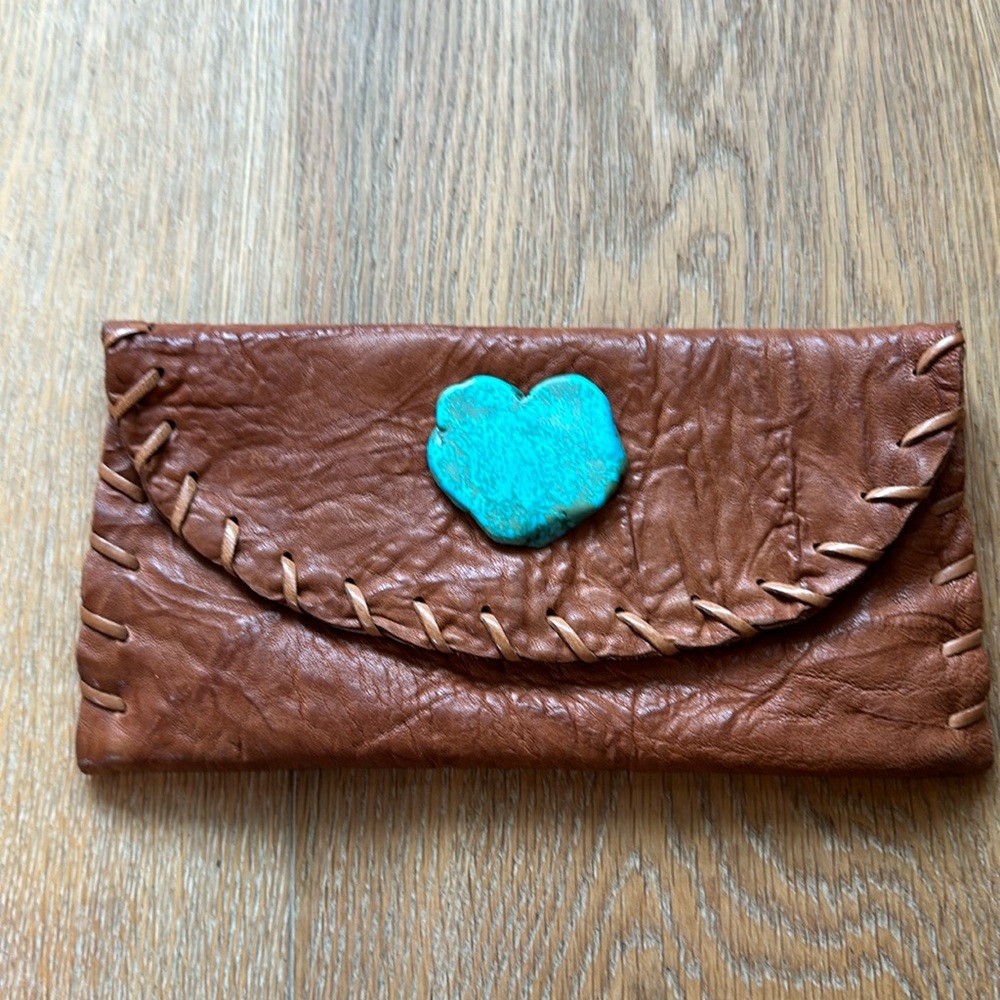 Handmade Turquoise heart brown leather clutch